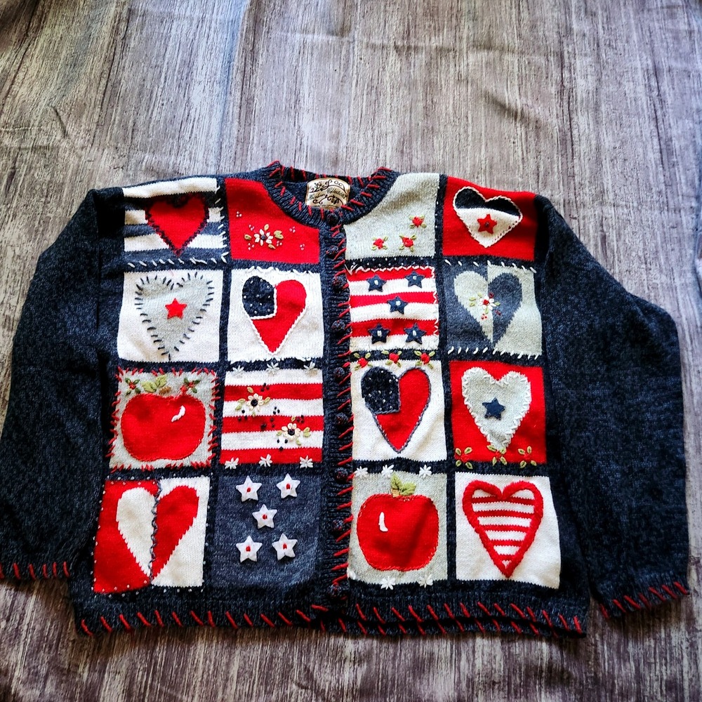Heirloom Collectibles Knit Cardigan Sweater Patchwork Grannycore Heart Star XL